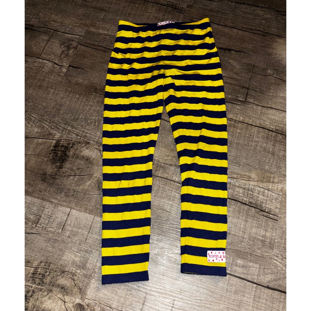 Ruffle Girl Kids Leggings Yellow Navy Blue Striped Pants Size 12